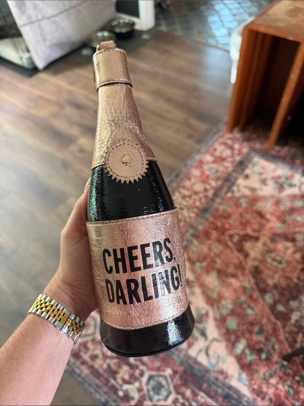 kate spade Rose Gold and Black 'Cheers, Darling' Bottle Clutch